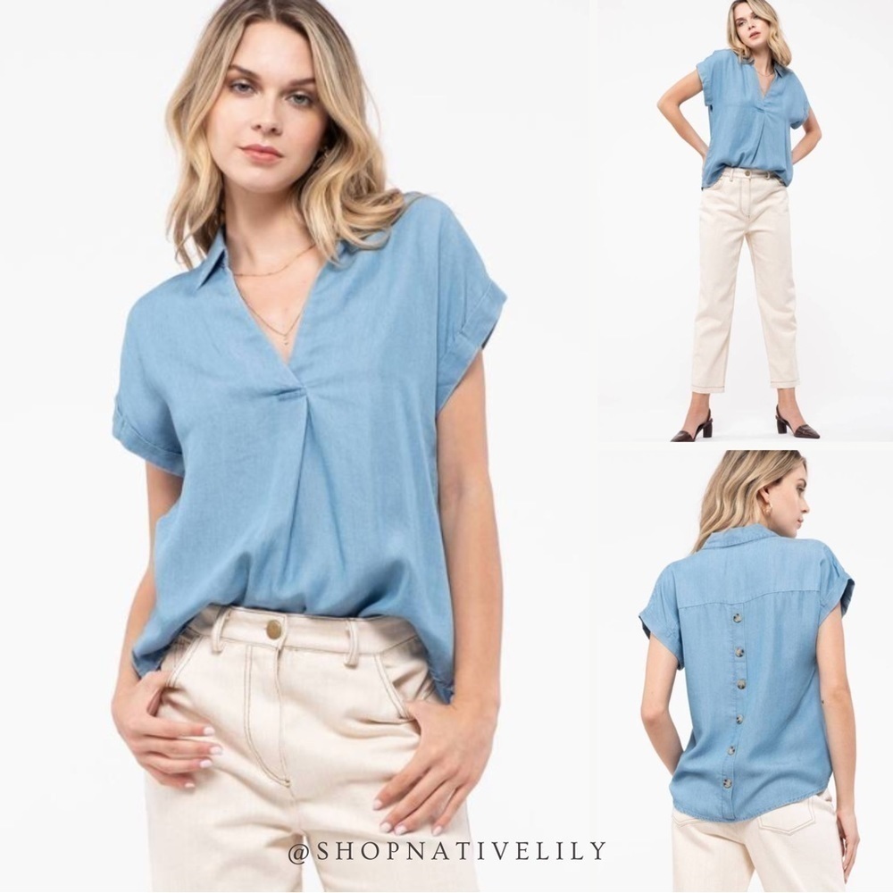 Mine Chambray Blouse Size Small Blue Back Button Short Sleeve Lightweight NWT